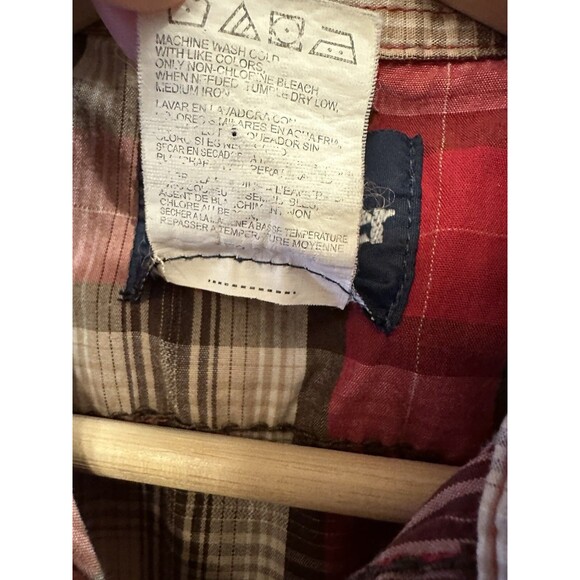 Wrangler Boys L Shirt‎ Pearl Snap Red Brown Plaid Western Cowboy Stitched Pocket - Picture 5 of 10